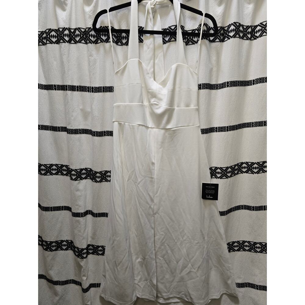 NWT Lulus white crepe a-line halter bustier midi dress front slit medium‎